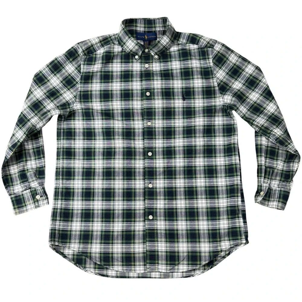 Ralph Lauren Plaid Button Down Shirt Kids Youth XL 18-20 Green Blue‎ Long Sleeve